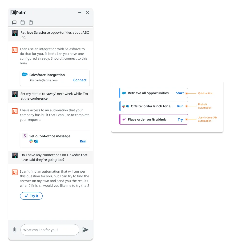 A chat in which the assistant connects to a Salesforce integration, offers a pre-built out-of-office automation with a Run button, and offers to try finding an answer on its own with a 'Try it' button. A legend labels the three action types: quick action (Start), pre-built automation (Run) and just-in-time AI automation (Try).