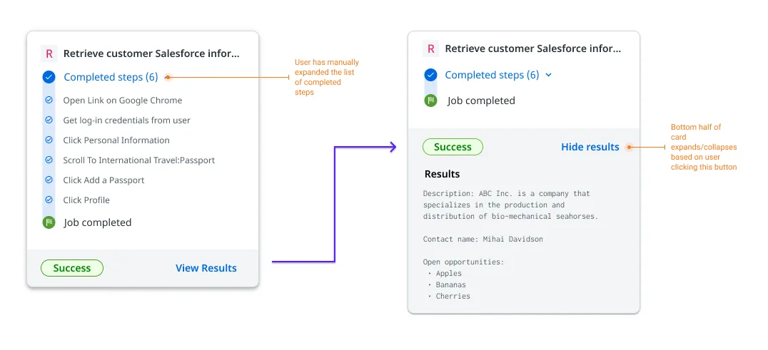Two states of an automation card. On the left, the list of six completed steps is expanded. On the right, the steps are collapsed and the results are shown instead, with a Hide results button.