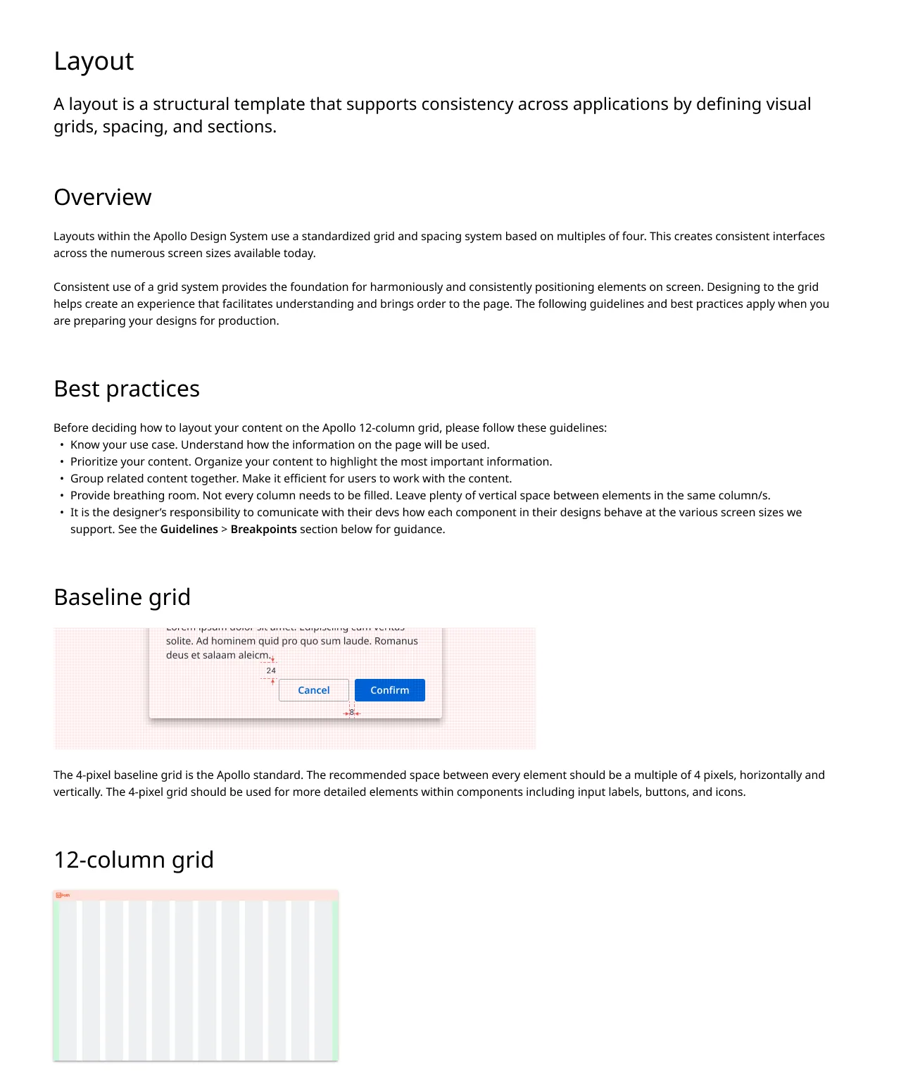 The Layout page of the documentation. It explains that layouts use a grid and spacing system based on multiples of four, lists best practices such as 'Prioritize your content' and 'Provide breathing room', and shows a 4-pixel baseline grid under a dialog and a 12-column grid with 24-pixel margins and gutters.
