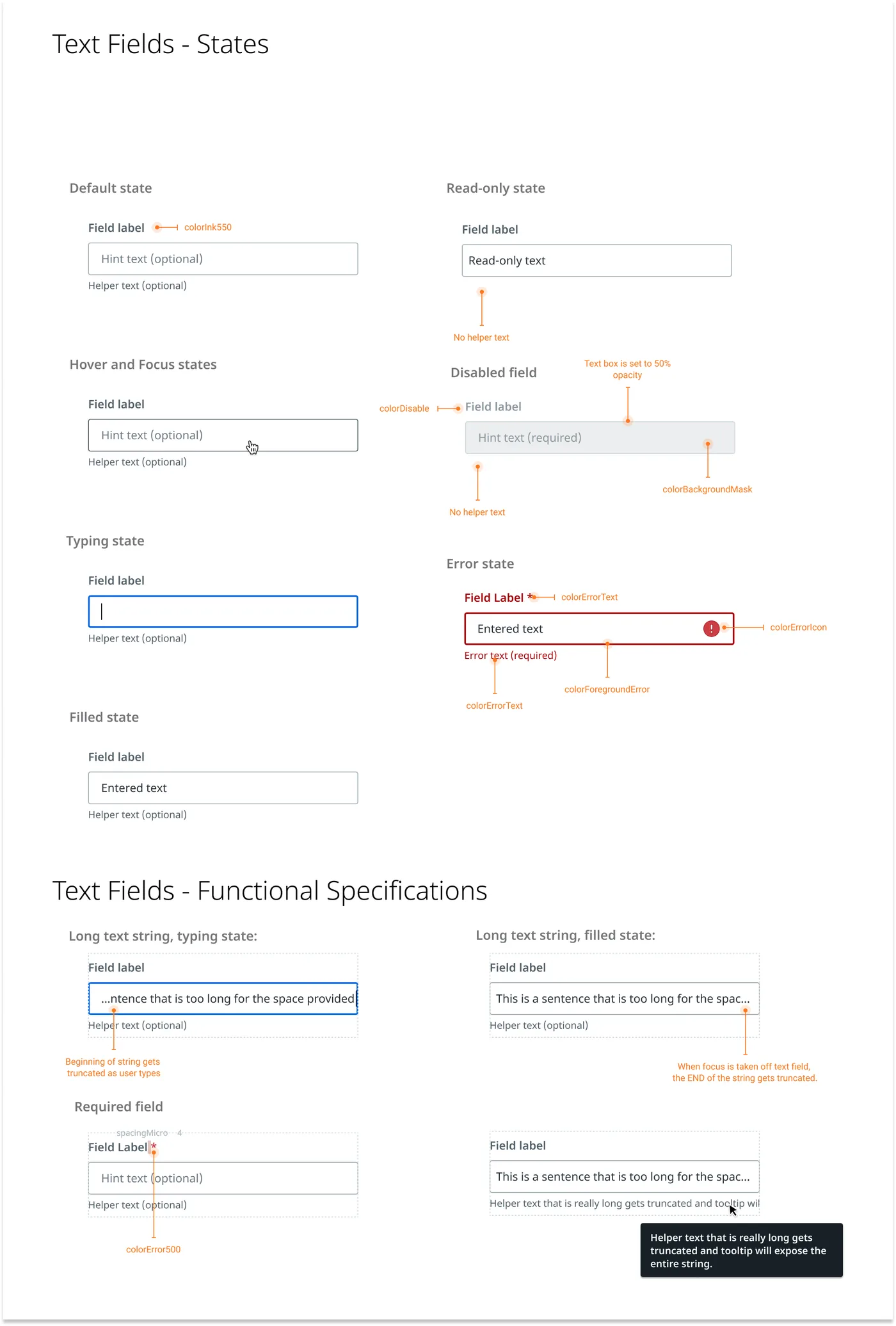 A specification sheet for the text field component. It shows each state side by side: default, hover and focus, typing, filled, read-only, disabled and error, with orange callouts naming the color token used for each part, such as colorErrorText and colorBackgroundMask. Below, functional specs show how long text is truncated while typing and after the field loses focus.