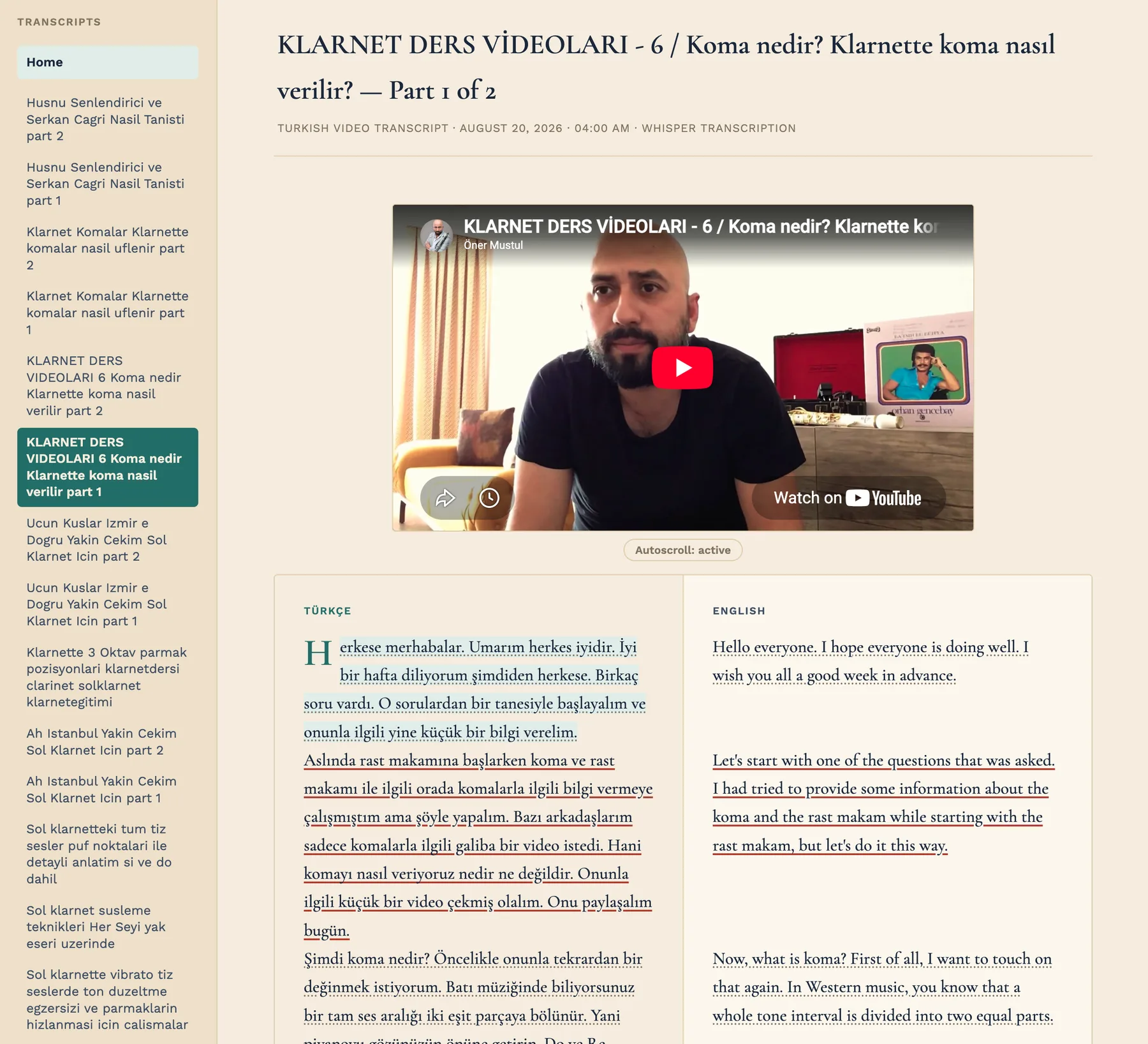 A transcript page for a Turkish clarinet lesson video. A list of lessons runs down the left. The embedded YouTube video sits above an 'Autoscroll: active' label, and below it the transcript appears in two columns, Turkish on the left and English on the right, with the current sentence highlighted.