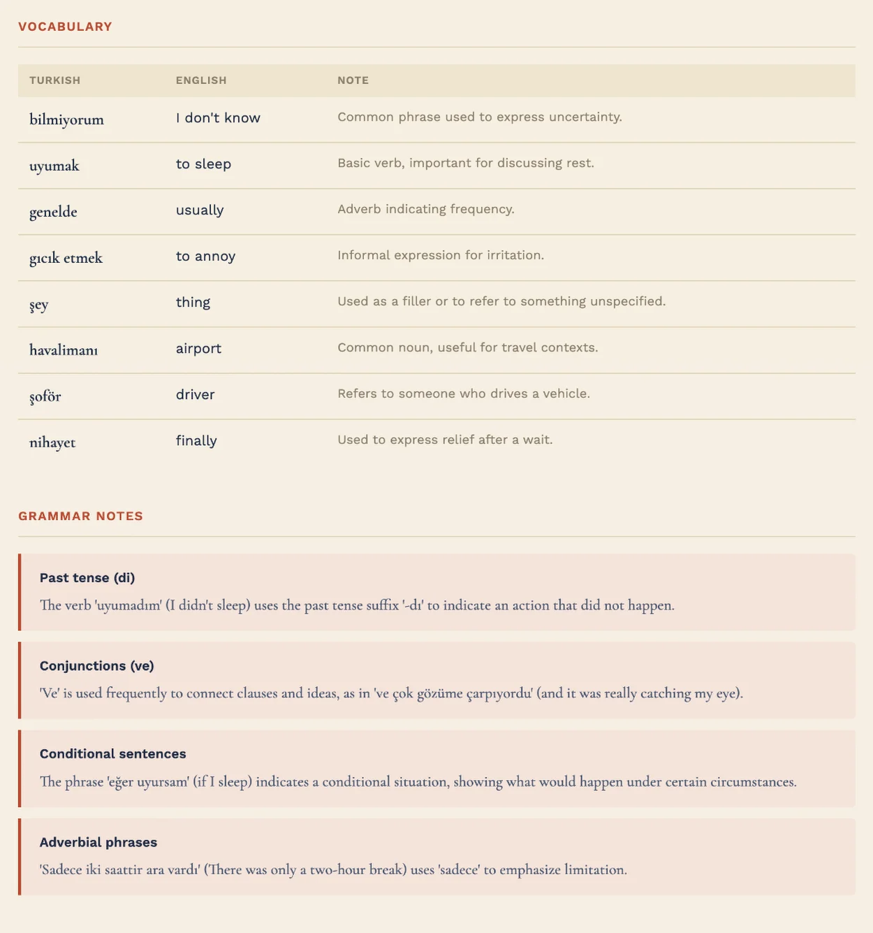 The lower half of a voice message page: a vocabulary table listing Turkish words, their English meanings and short notes, followed by four grammar notes that explain constructions used in the message.